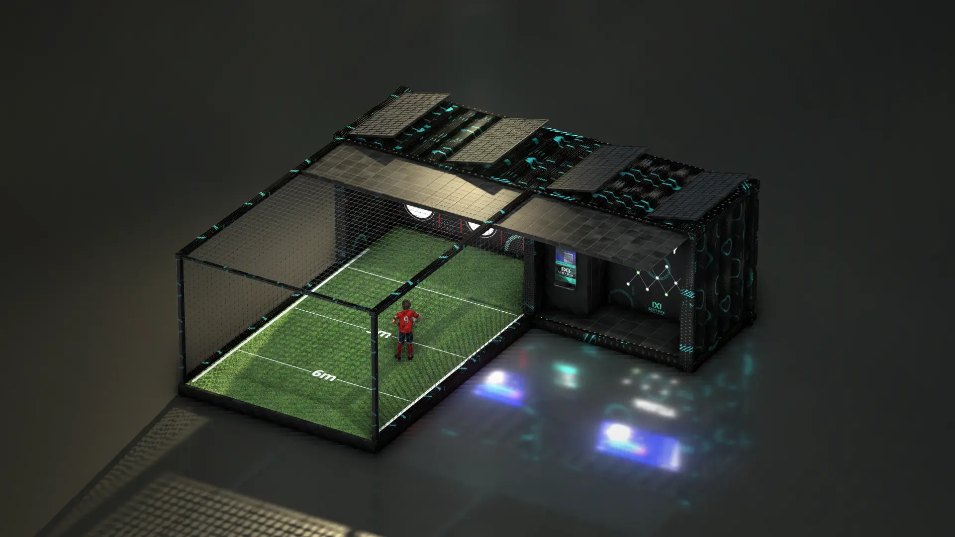 Outdoor container football pitch with netted enclosure and tracking technology
